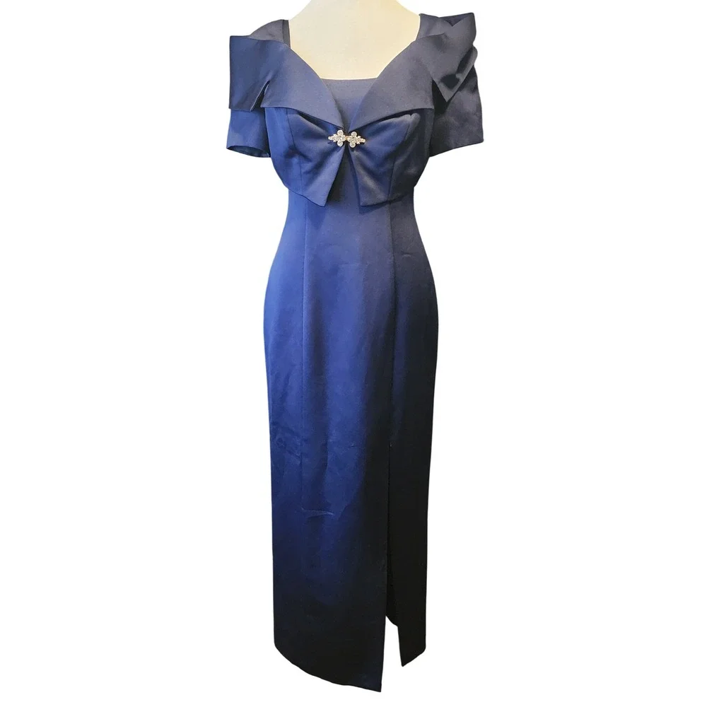 Alex Evenings Navy Blue Satin Gown Bolero Jacket Set Rhinestone Brooch Size 4